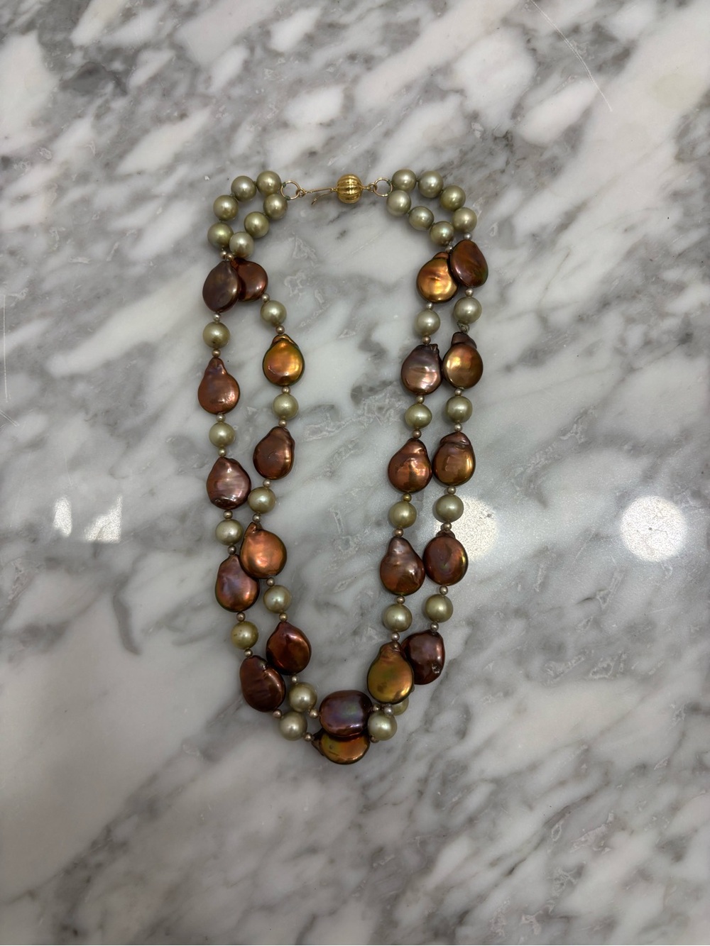 Classic Double-Strand Brown Pearlescent Necklace - Unbranded